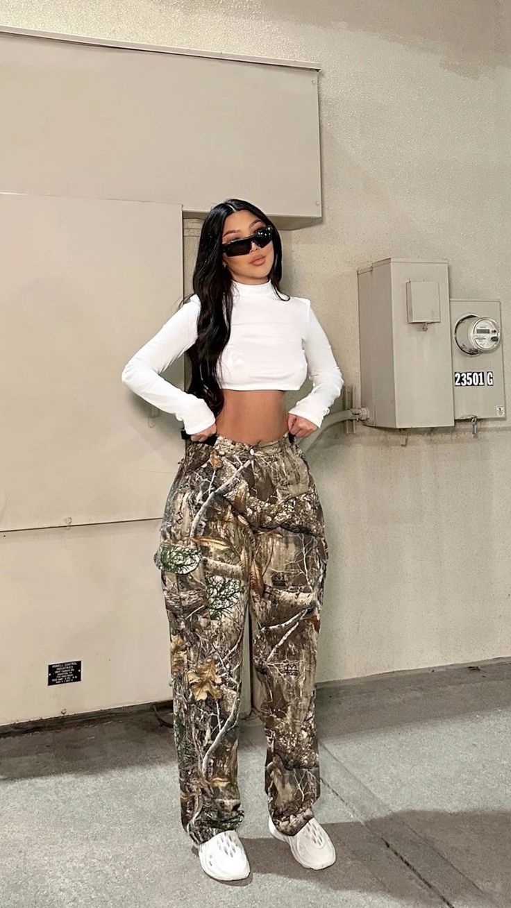 White Crop Top and Camo Cargo Pants 